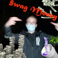 picture of a man wearing a medical face mask holding up two middle fingers. there is also a cup of lean and a stack of cash on there.